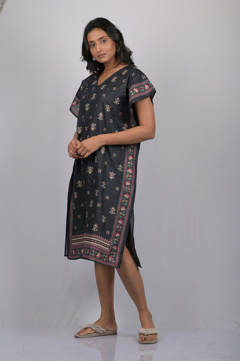 OWO THE LABEL Black Colour Floral Print Kaftan With Designer Border (OTL-KFTN-1001)